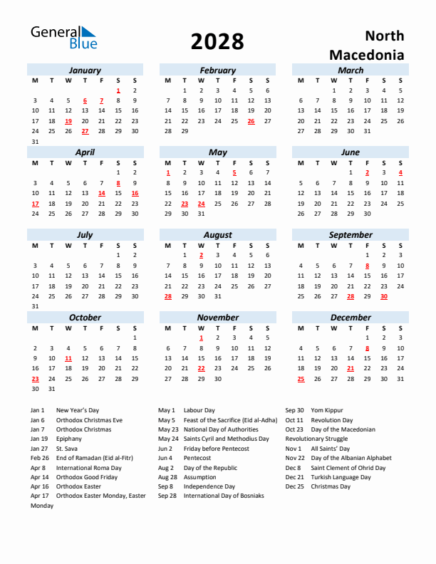 2028 Calendar for North Macedonia with Holidays