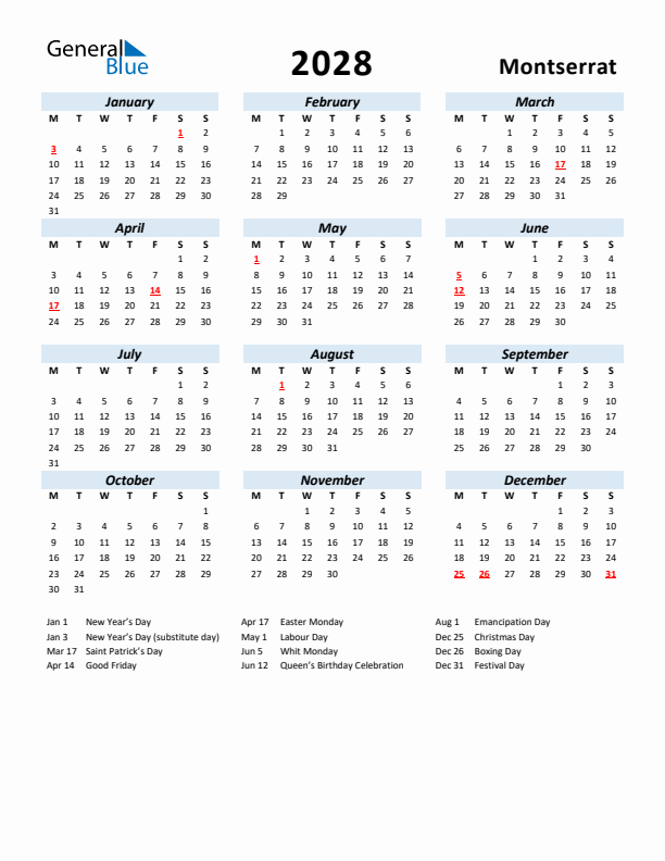 2028 Calendar for Montserrat with Holidays