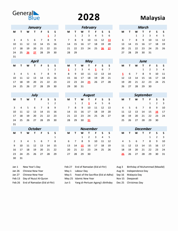 2028 Calendar for Malaysia with Holidays
