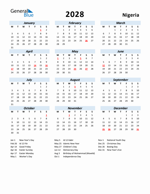 2028 Calendar for Nigeria with Holidays
