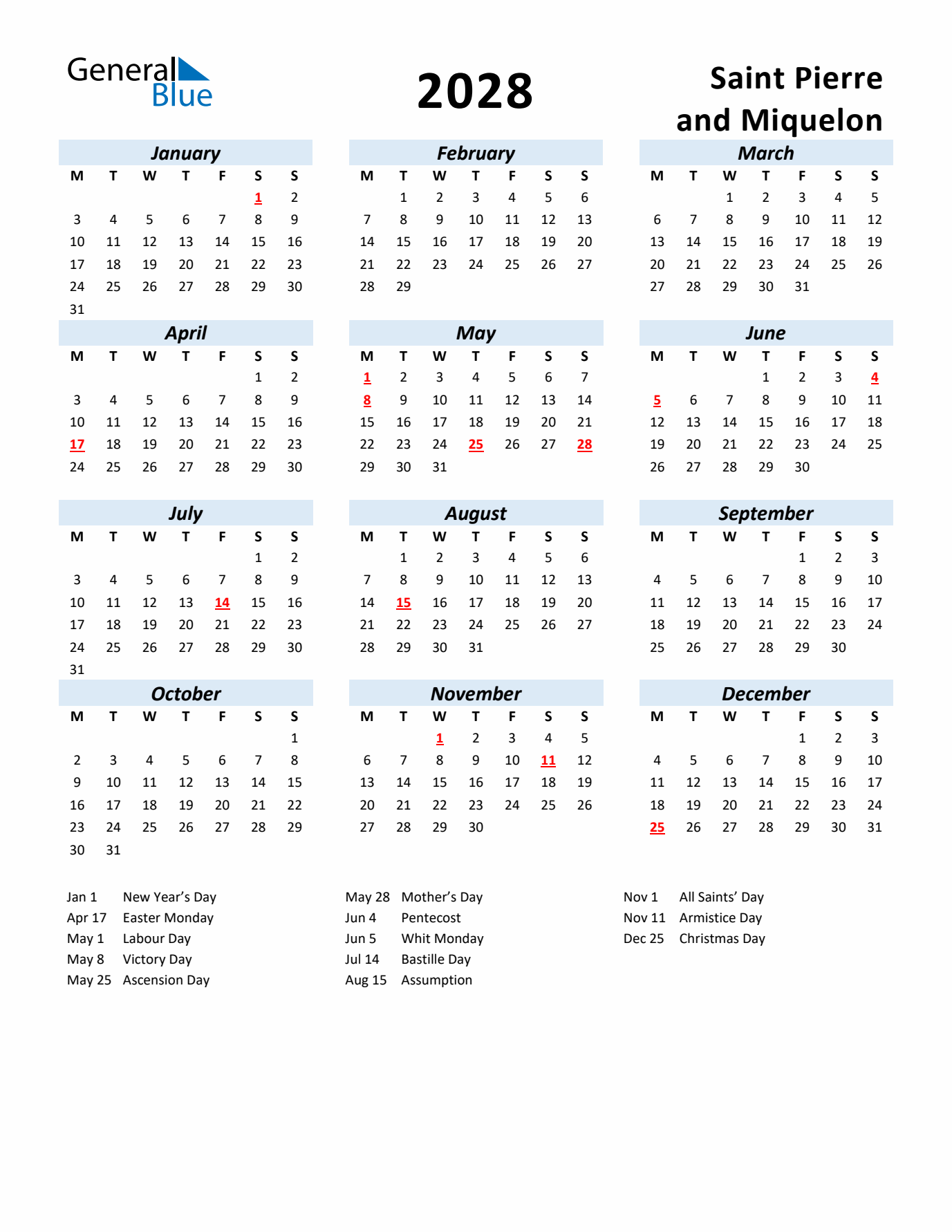 2028 Calendar for Saint Pierre and Miquelon with Holidays