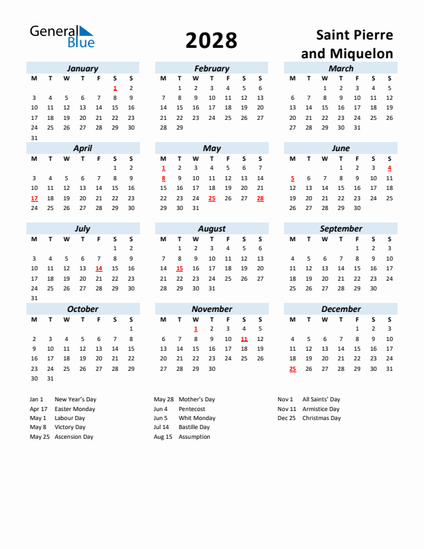 2028 Calendar for Saint Pierre and Miquelon with Holidays