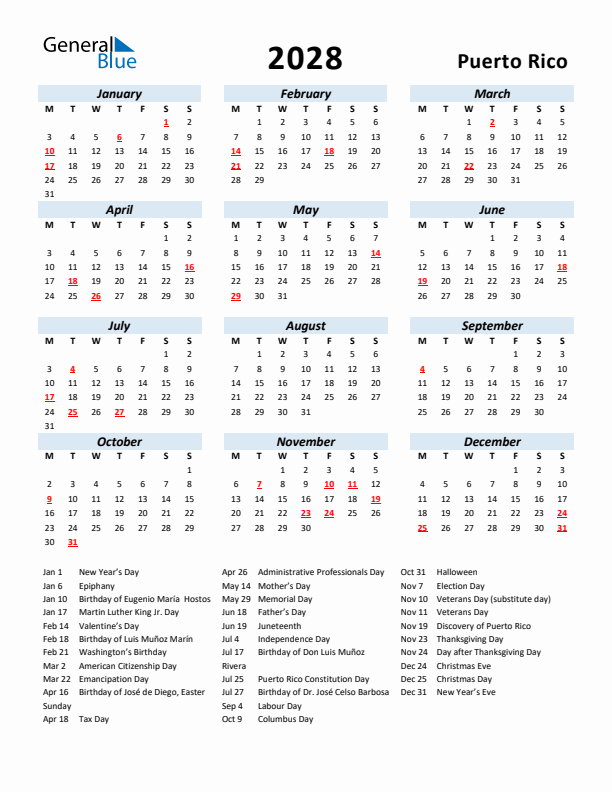 2028 Calendar for Puerto Rico with Holidays