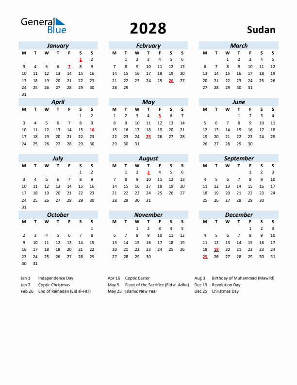 2028 Calendar for Sudan with Holidays
