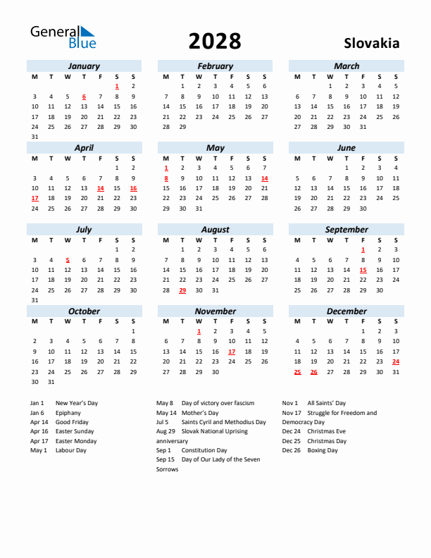 2028 Calendar for Slovakia with Holidays