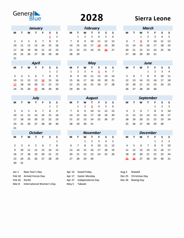 2028 Calendar for Sierra Leone with Holidays