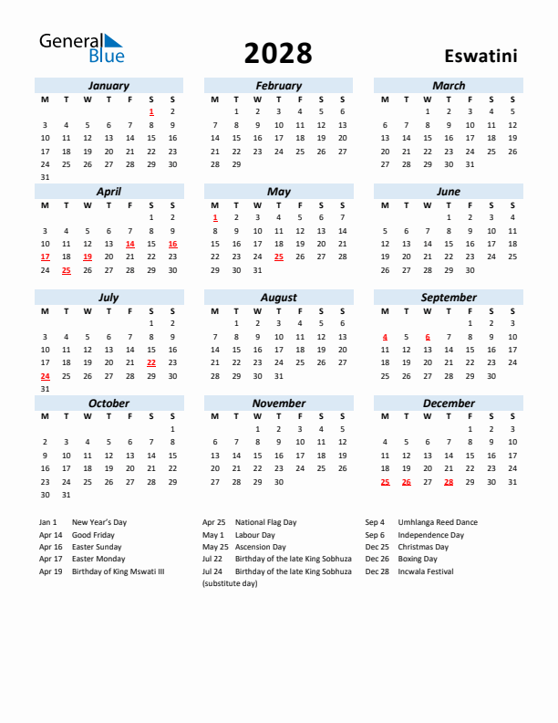 2028 Calendar for Eswatini with Holidays