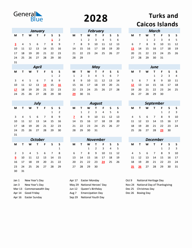 2028 Calendar for Turks and Caicos Islands with Holidays