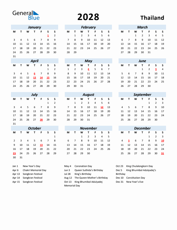 2028 Calendar for Thailand with Holidays