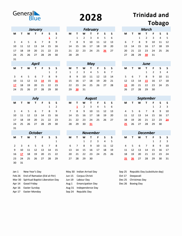 2028 Calendar for Trinidad and Tobago with Holidays