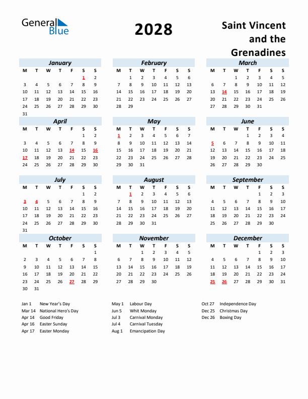2028 Calendar for Saint Vincent and the Grenadines with Holidays