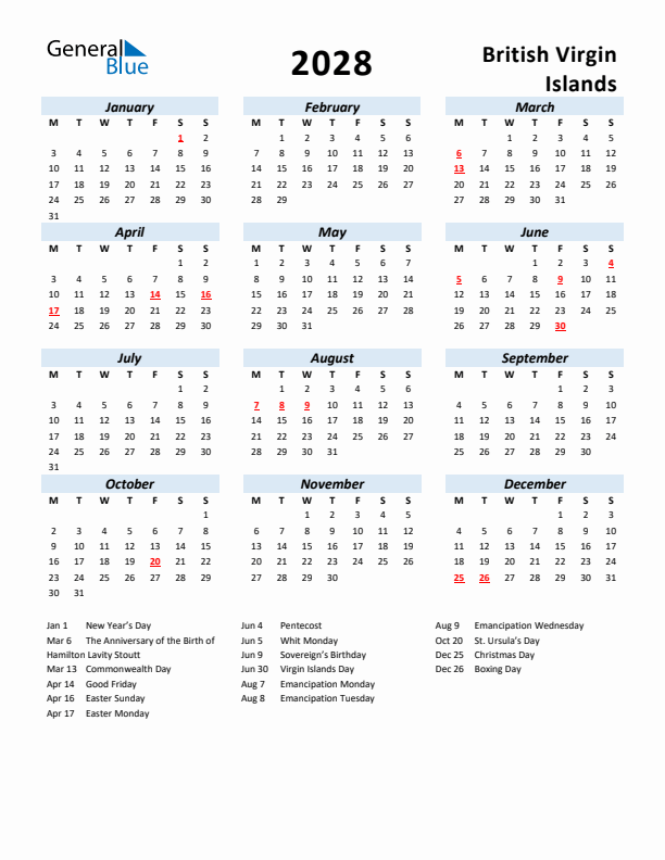 2028 Calendar for British Virgin Islands with Holidays