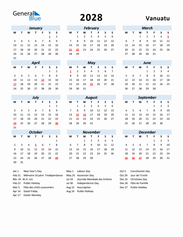 2028 Calendar for Vanuatu with Holidays