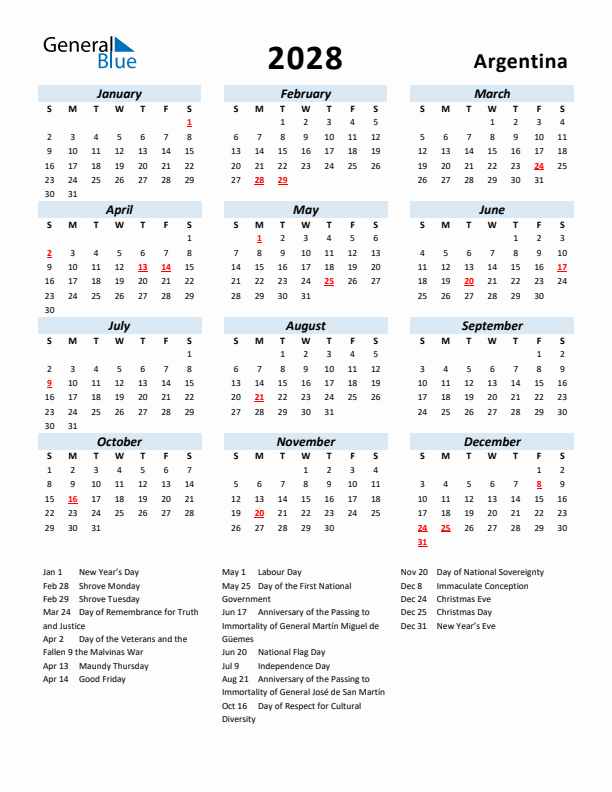 2028 Calendar for Argentina with Holidays