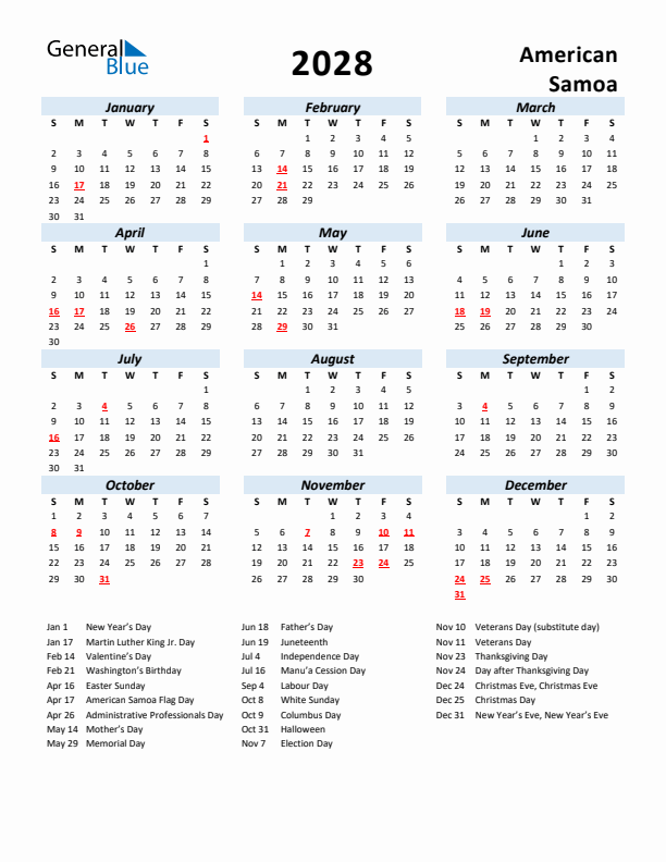2028 Calendar for American Samoa with Holidays