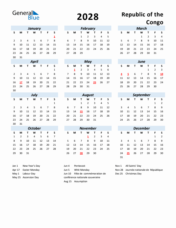 2028 Calendar for Republic of the Congo with Holidays