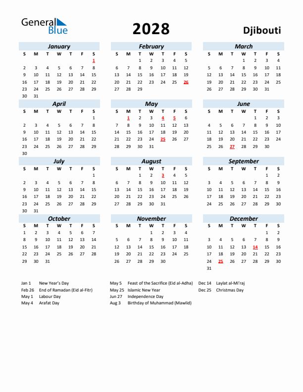 2028 Calendar for Djibouti with Holidays