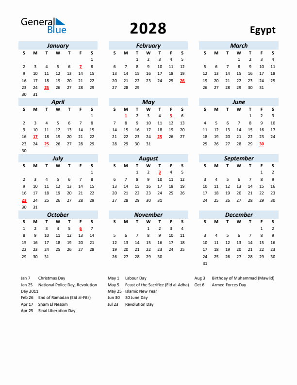 2028 Calendar for Egypt with Holidays