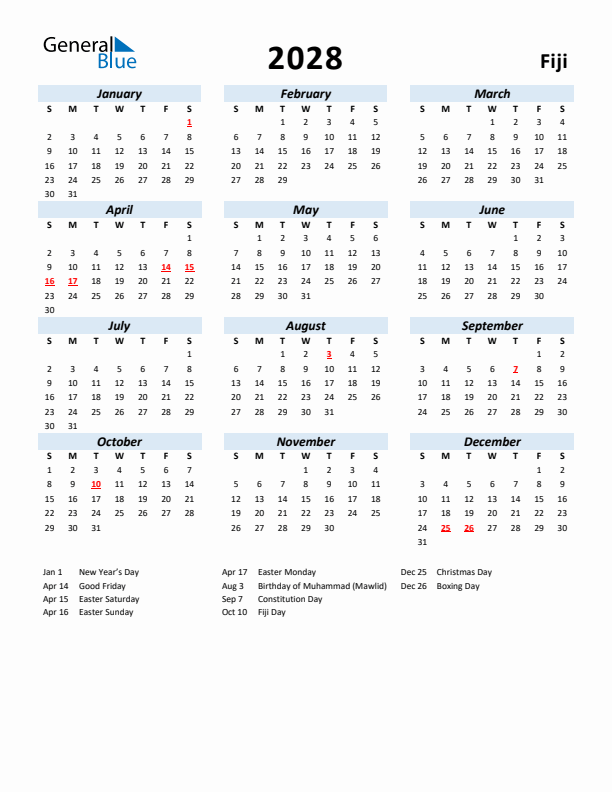 2028 Calendar for Fiji with Holidays