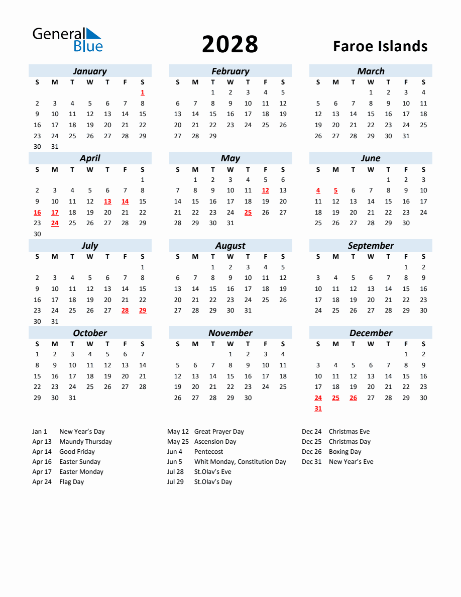 2028 Yearly Calendar for Faroe Islands with Holidays