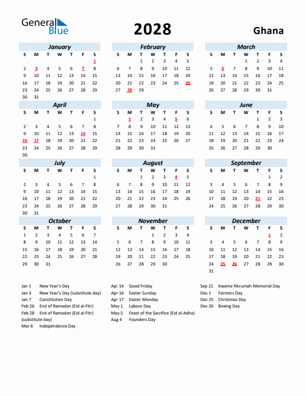 2028 Calendar for Ghana with Holidays