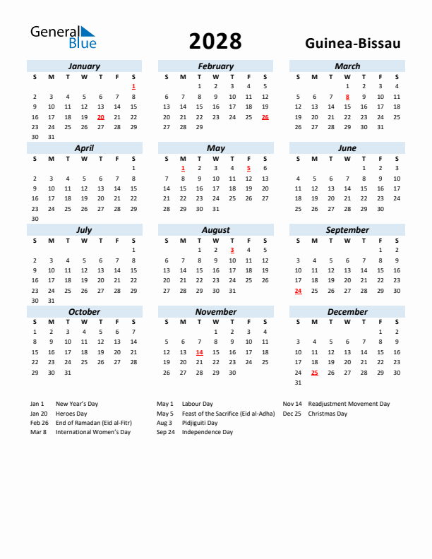 2028 Calendar for Guinea-Bissau with Holidays