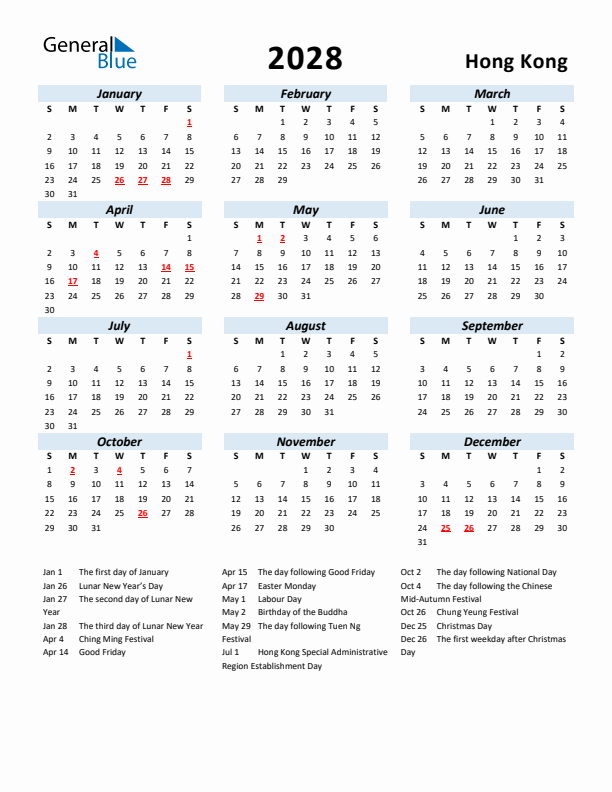 2028 Calendar for Hong Kong with Holidays