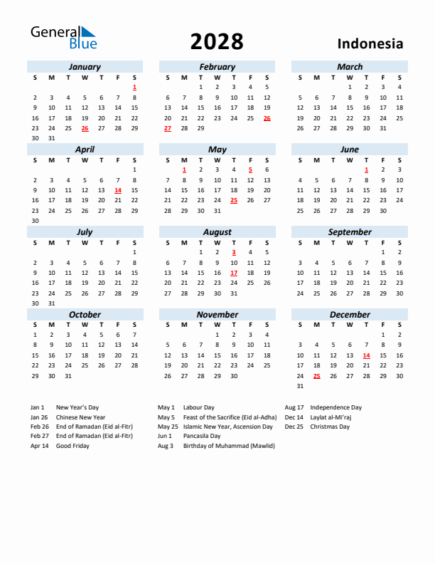 2028 Calendar for Indonesia with Holidays