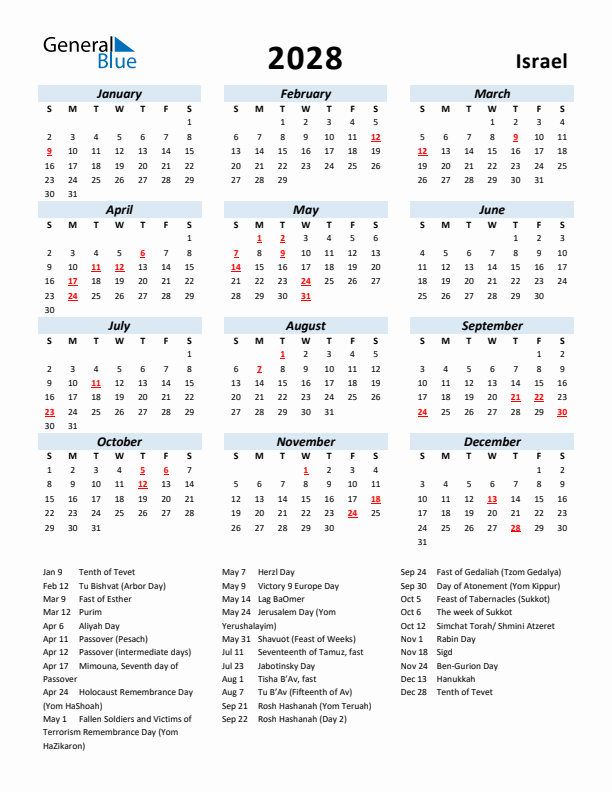 2028 Calendar for Israel with Holidays