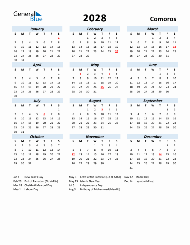 2028 Calendar for Comoros with Holidays
