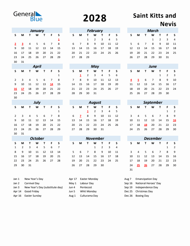 2028 Calendar for Saint Kitts and Nevis with Holidays