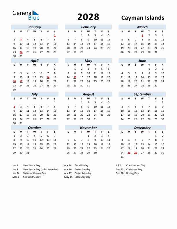 2028 Calendar for Cayman Islands with Holidays