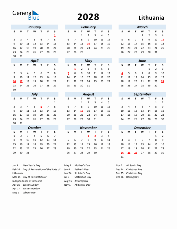 2028 Calendar for Lithuania with Holidays