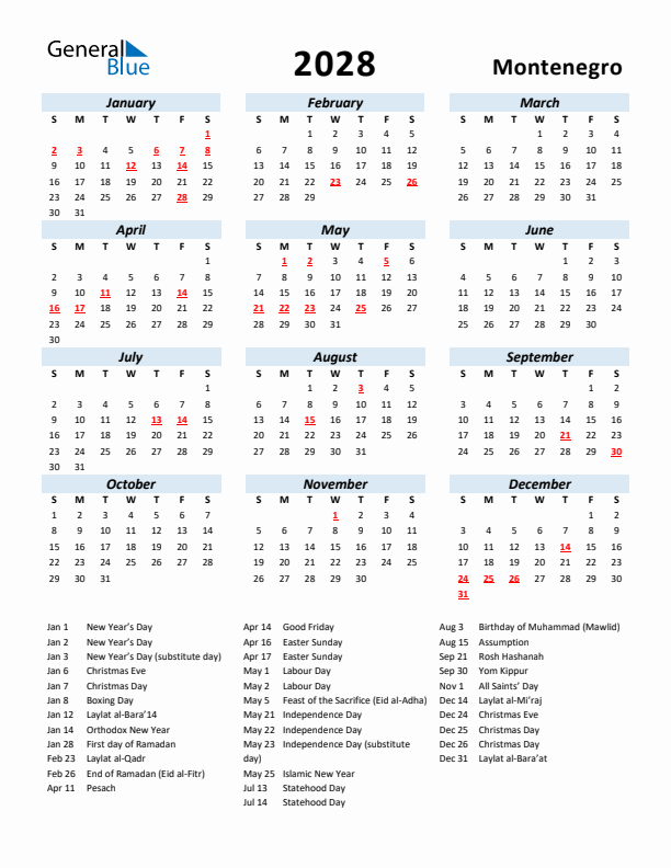 2028 Calendar for Montenegro with Holidays