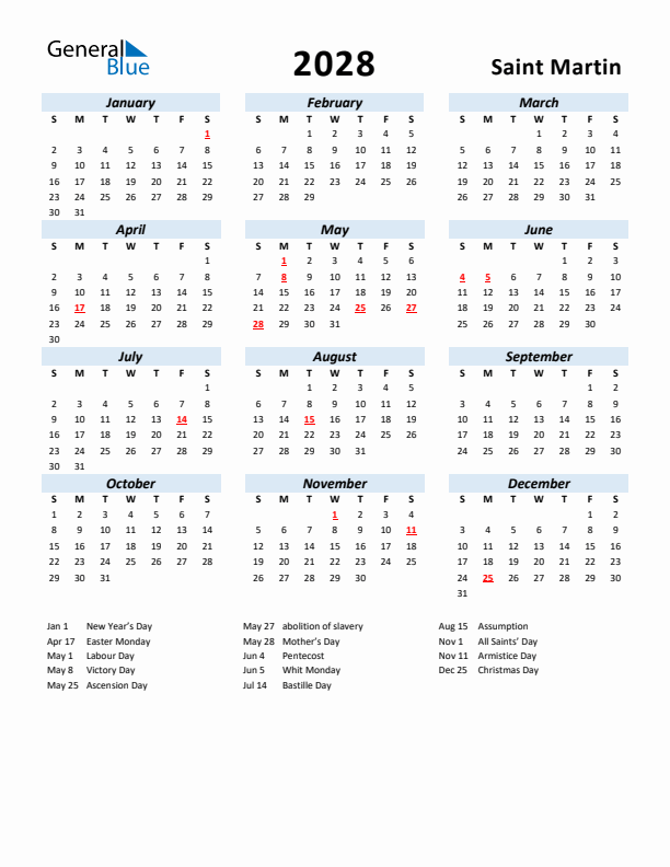 2028 Calendar for Saint Martin with Holidays