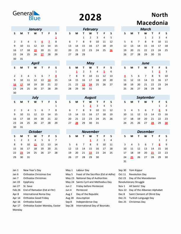 2028 Calendar for North Macedonia with Holidays