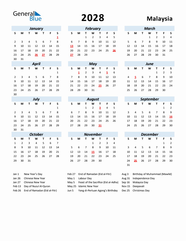 2028 Calendar for Malaysia with Holidays