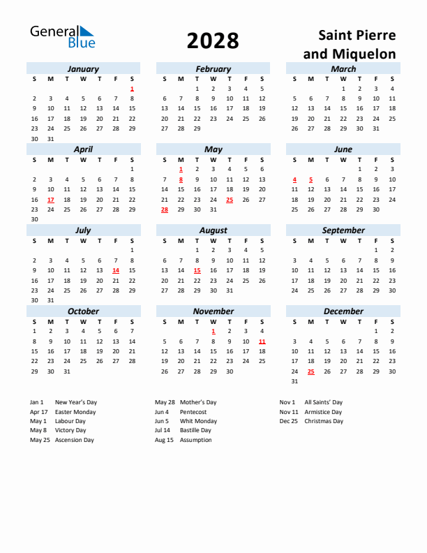 2028 Calendar for Saint Pierre and Miquelon with Holidays