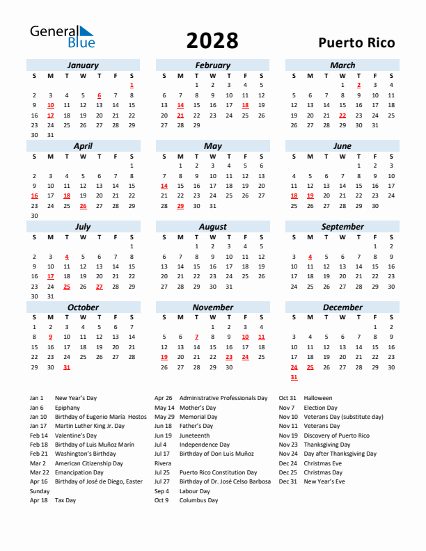 2028 Calendar for Puerto Rico with Holidays