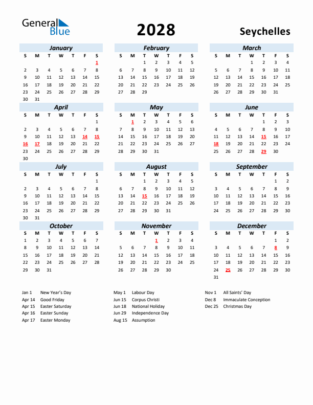 2028 Calendar for Seychelles with Holidays