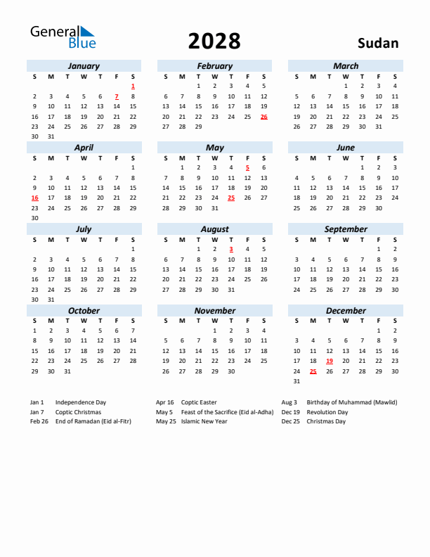 2028 Calendar for Sudan with Holidays