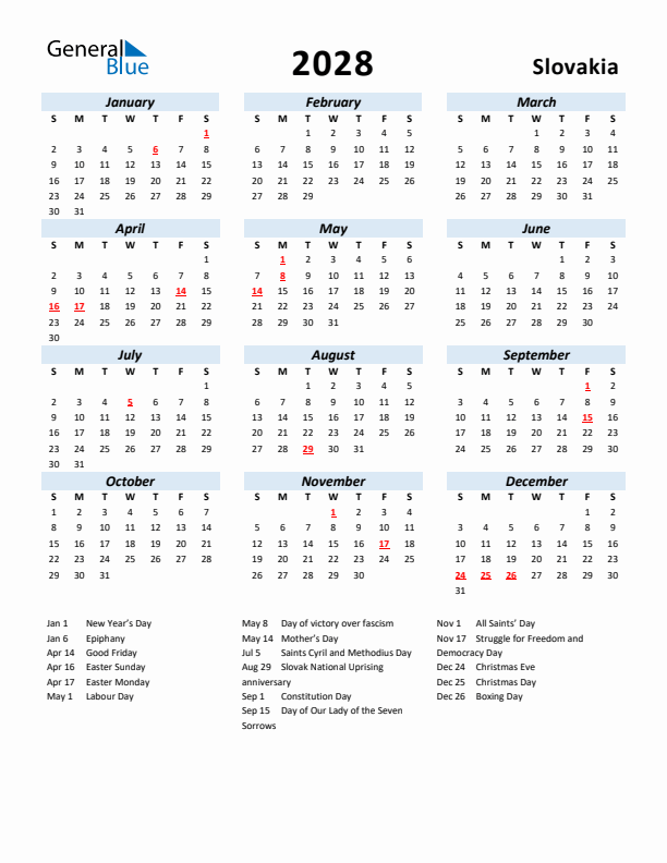 2028 Calendar for Slovakia with Holidays