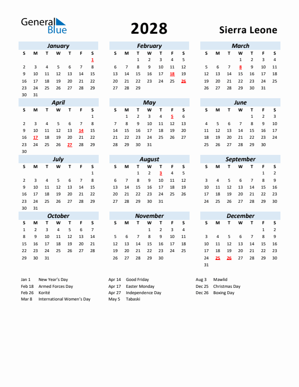 2028 Calendar for Sierra Leone with Holidays