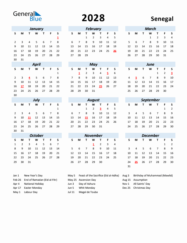 2028 Calendar for Senegal with Holidays
