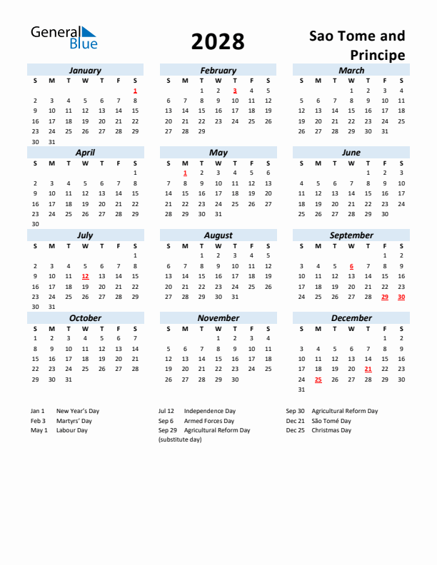 2028 Calendar for Sao Tome and Principe with Holidays