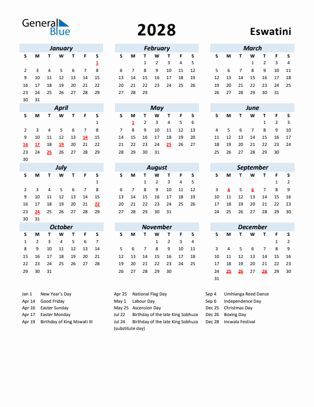 2028 Calendar for Eswatini with Holidays