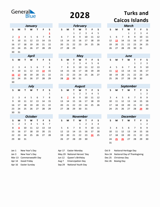 2028 Calendar for Turks and Caicos Islands with Holidays