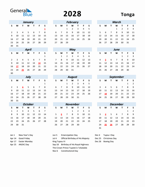 2028 Calendar for Tonga with Holidays