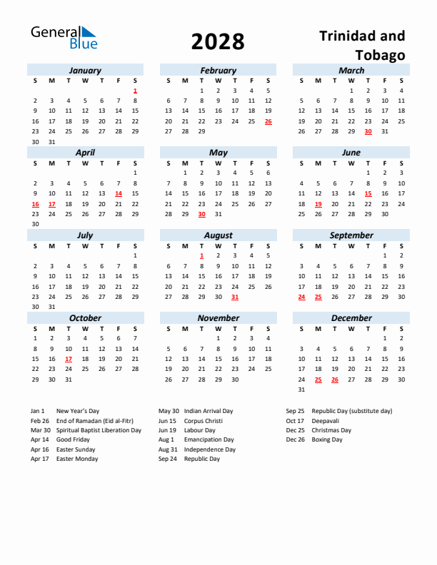 2028 Calendar for Trinidad and Tobago with Holidays
