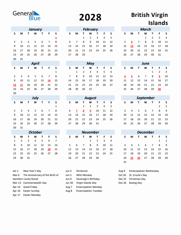 2028 Calendar for British Virgin Islands with Holidays